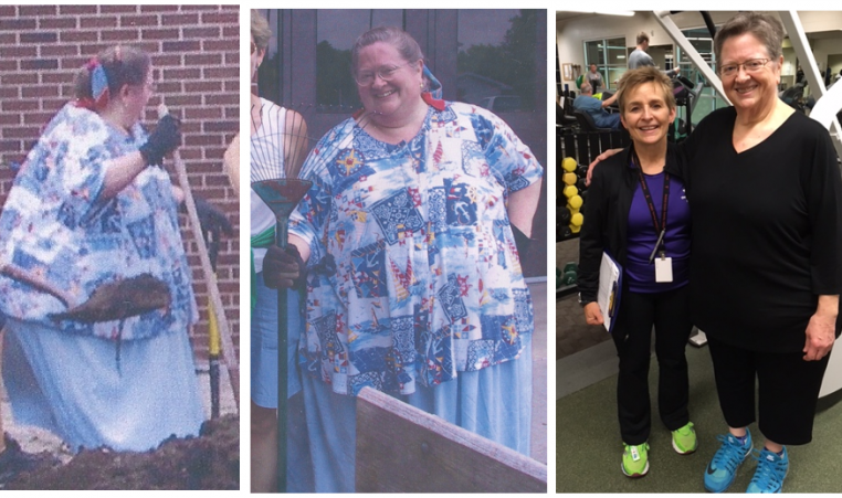 three photos showing weight loss transformation of a woman